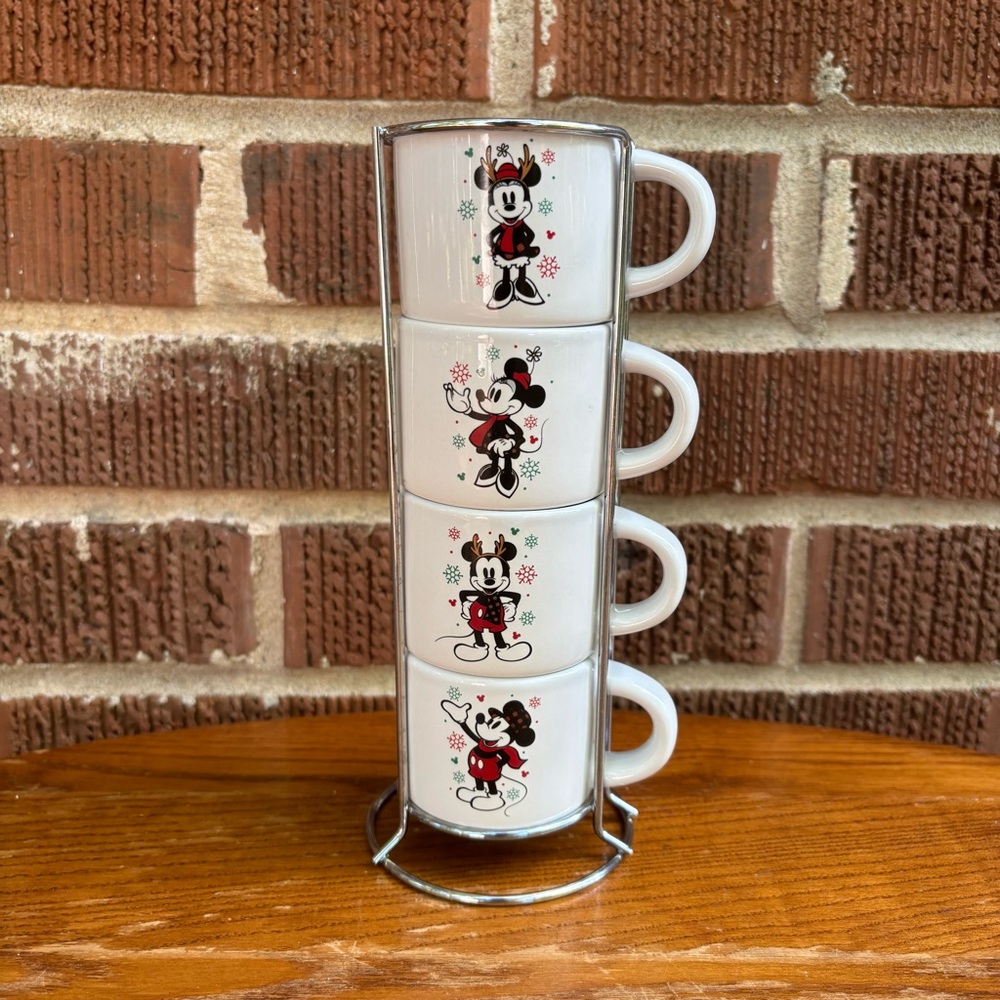 Disney Classics Mickey Minnie Plaid Snowflakes 4-Piece 3 oz Ceramic Espresso Set